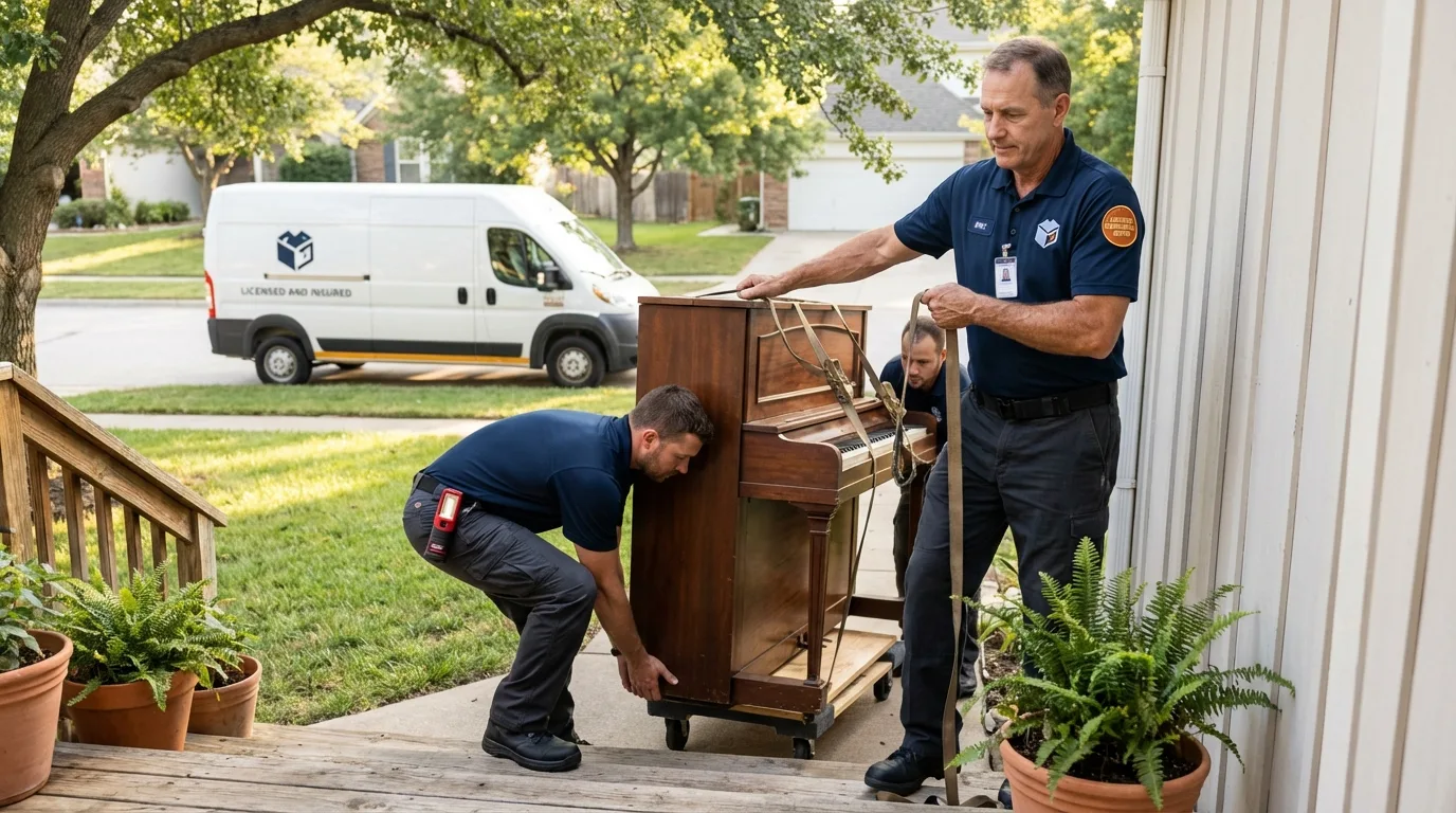 Licensed piano movers securing grand piano in Dousman, WI