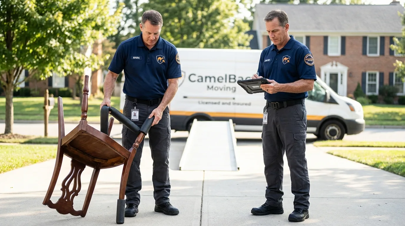 Movers inspecting furniture for damage prevention before loading in Dousman, WI